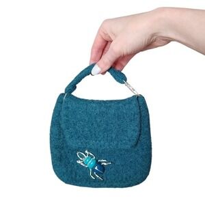 VINTAGE Fuzzy Teal Handbag with Beetle Brooch Top Handle Bag Y2K Novelty
